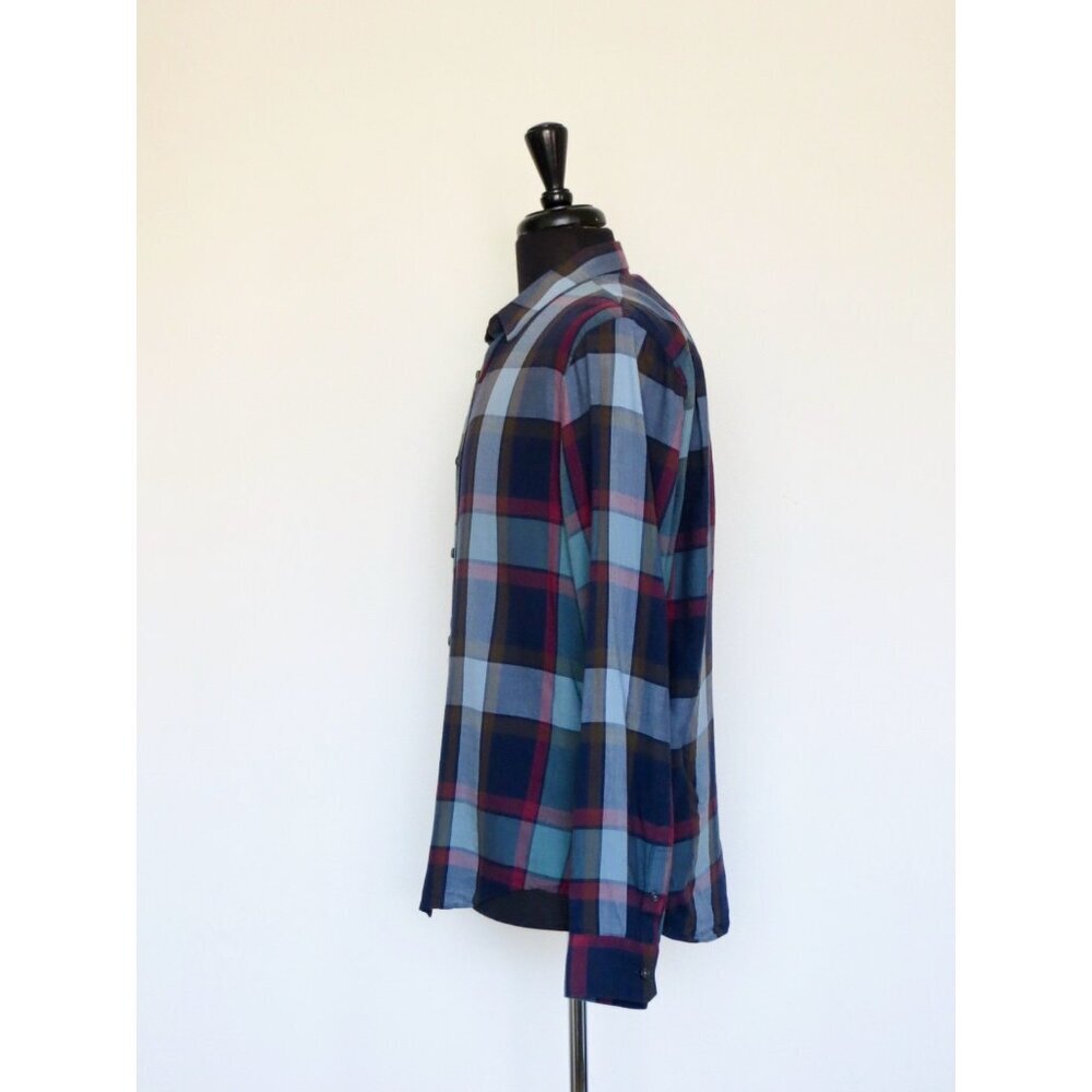 NEW! Vince Plaid Lightweight Button Front Shirt Navy Burgundy SZ M - Picture 2 of 6